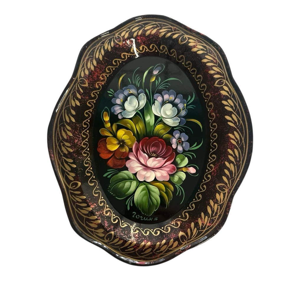Zhostovo Floral Hand-Painted Metal 9"x7.5" Cottagecore‎ Signed